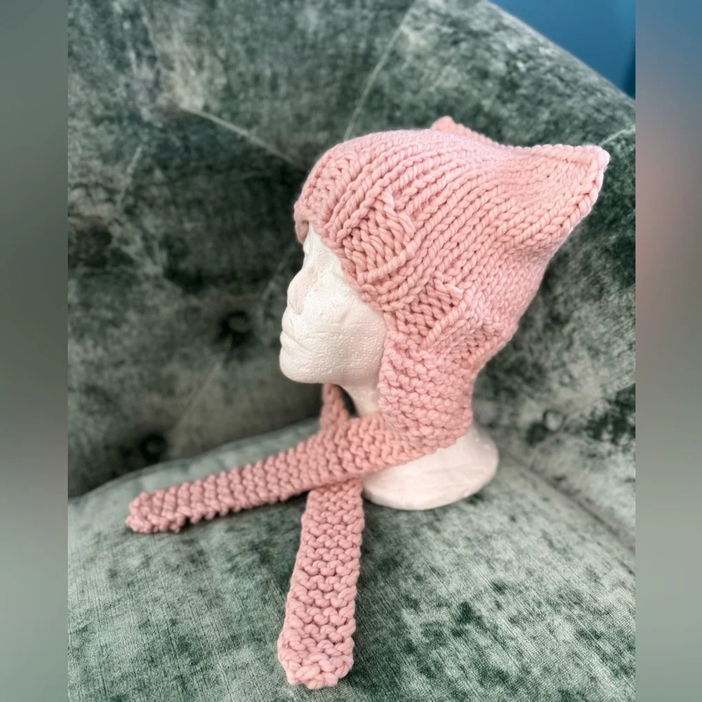 Handmade Hand Crafted Knit Ear Flap Cat Hat Adult Teen size Pink - Picture 6 of 10